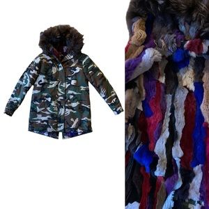 Barneys NY Rabbit Fur Camo Canvas Hooded Zip Coat Jacket Small